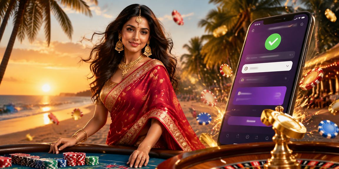 Player using a tablet on a beach in Goa to play online slots with mobile payment